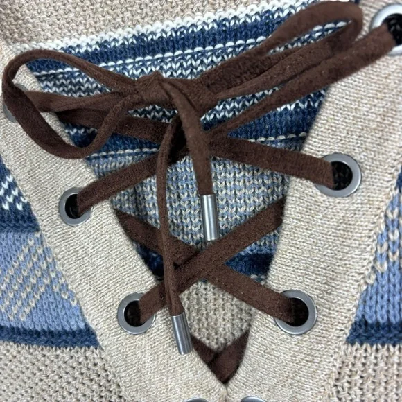 Chaps Western Sweater Blue Tan Pullover Striped Neckline Crisscross Tie Size L - Picture 6 of 8